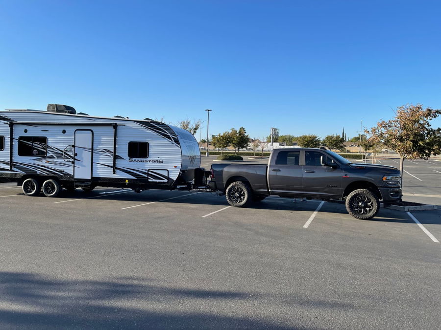 Front-three-quarter view Brian's 2020 RAM 2500 pickup HornBlasters Conductor's Special train horn kit featured customer install gallery photo 1