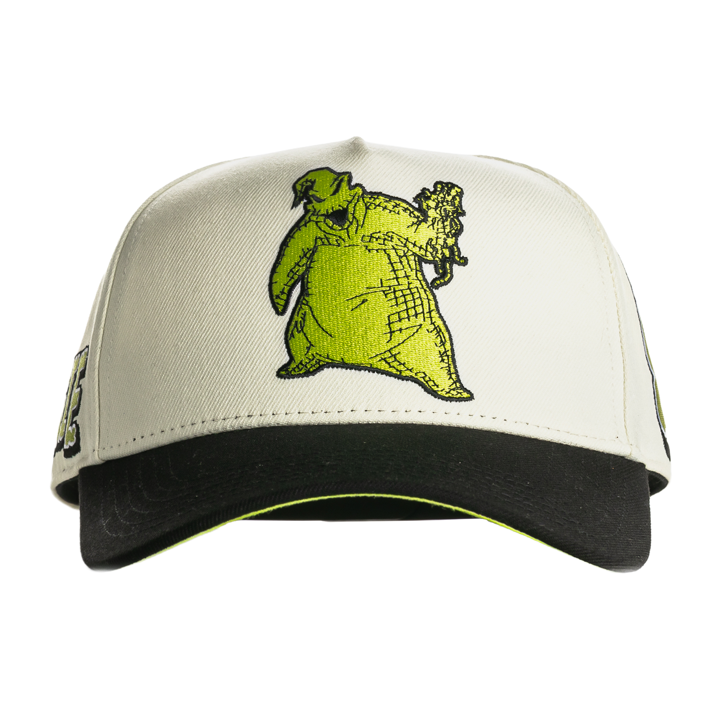 White cap with a green character graphic on the front.