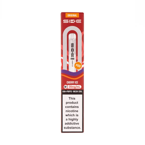 Vape product packaging with warning about nicotine addiction.