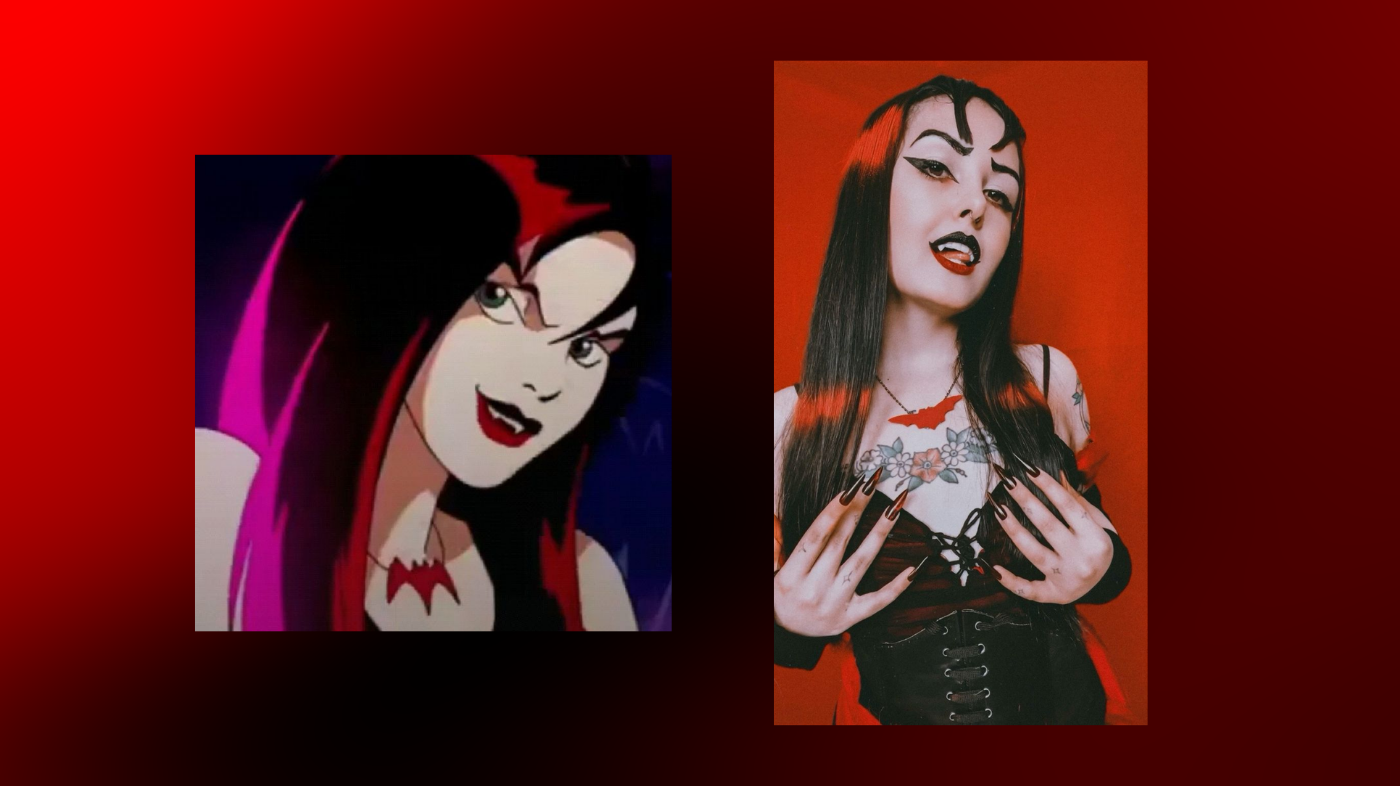 Thorn Hex Girls red wig styling comparison showing illustration beside cosplayer with long straight crimson hair and curtain bangs