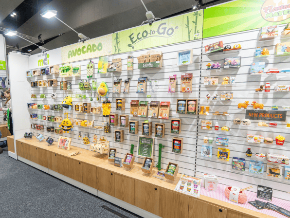 Display wall with various eco-friendly products and packaging options.