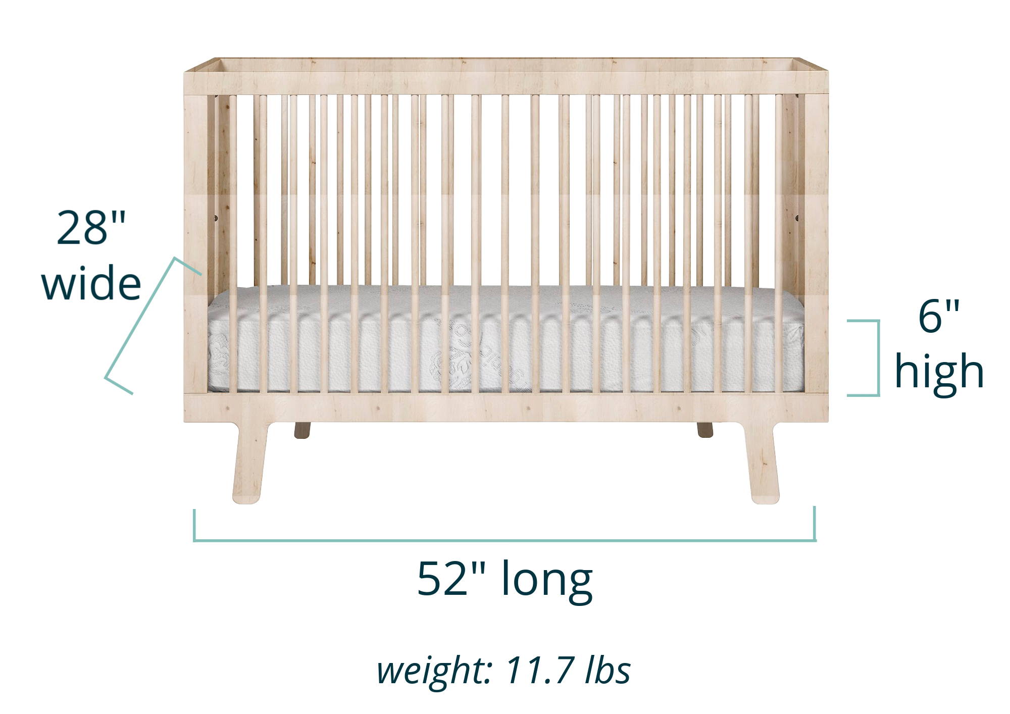 Luxe crib mattress in a crib showing dimensions of 28
