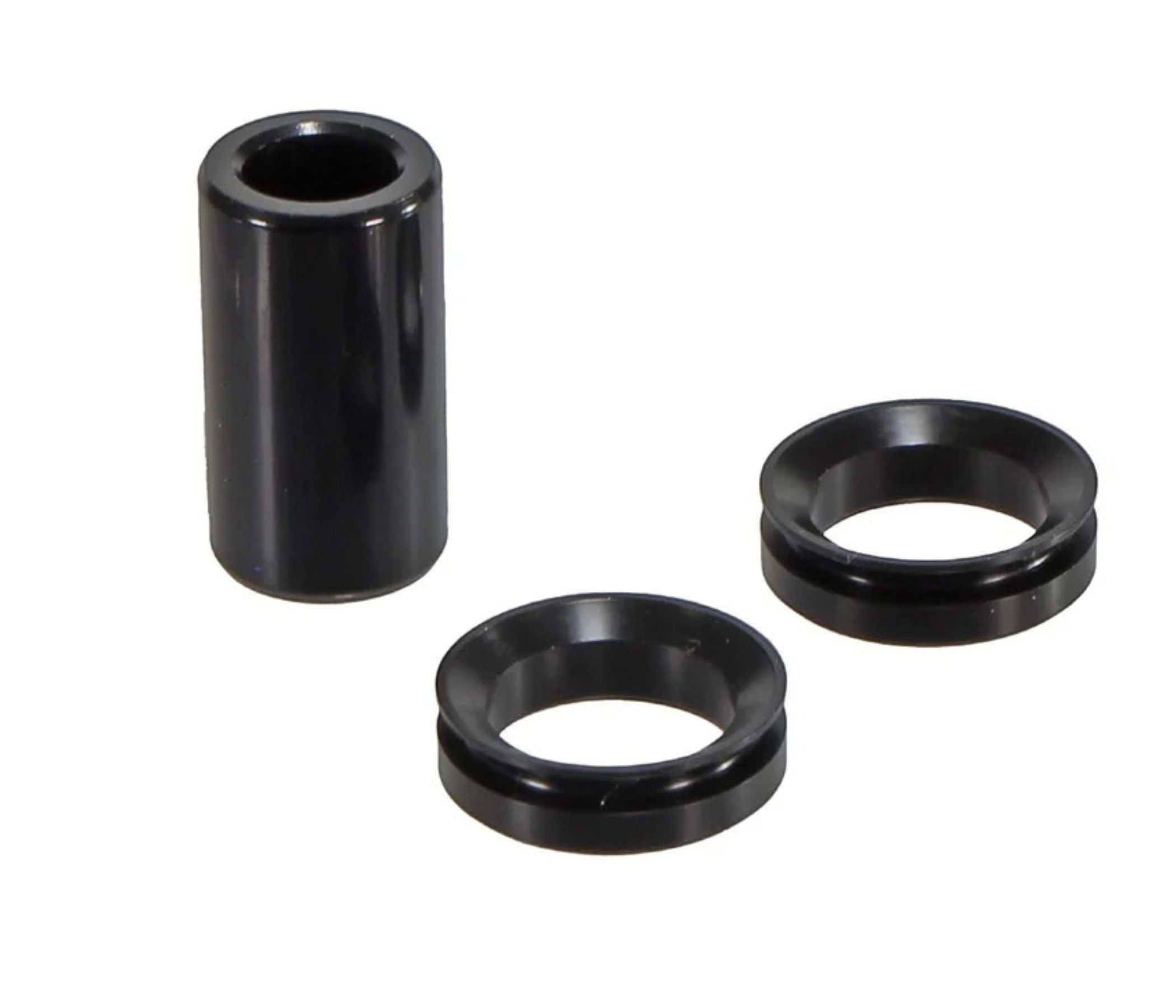 Three black cylindrical plastic components, including two rings and one tube.