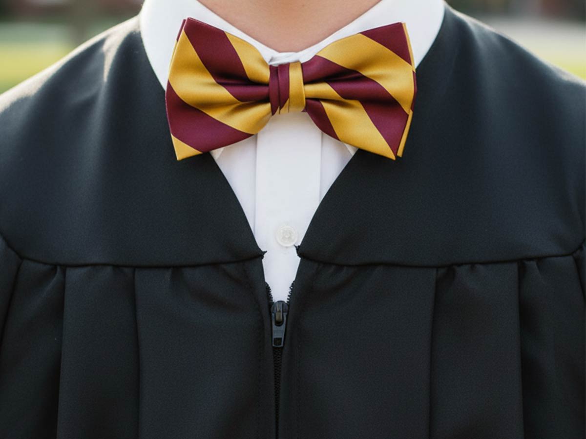 Closeup of a grad wearing a maroon and gold striped bow tie with a black graduation gown