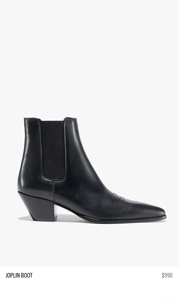 Black ankle boot with a pointed toe and low heel.