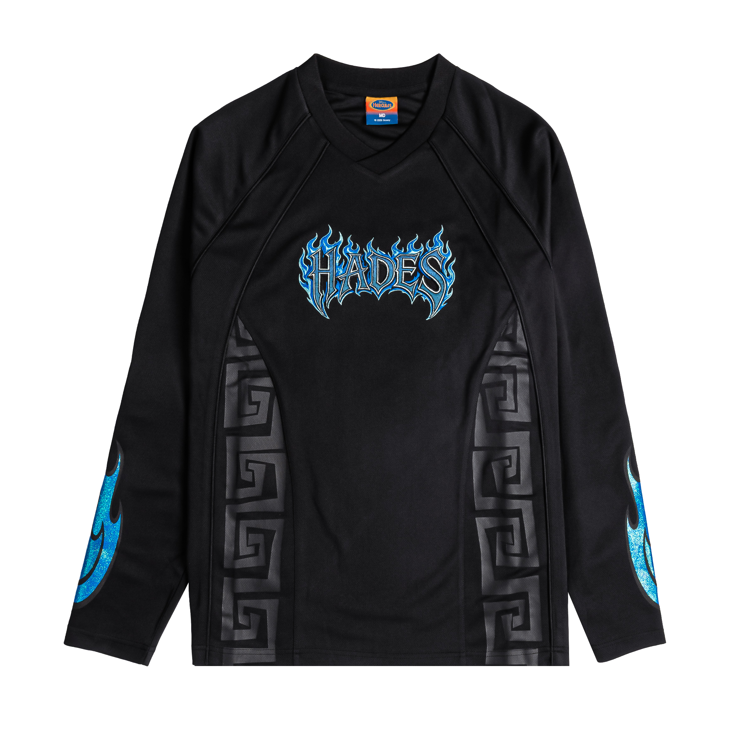Black long-sleeve shirt with blue graphic design and logo.