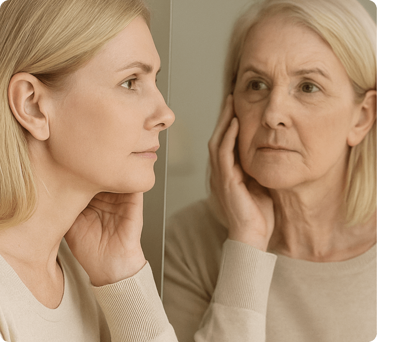 Woman looking at her reflection, comparing her younger and older self.
