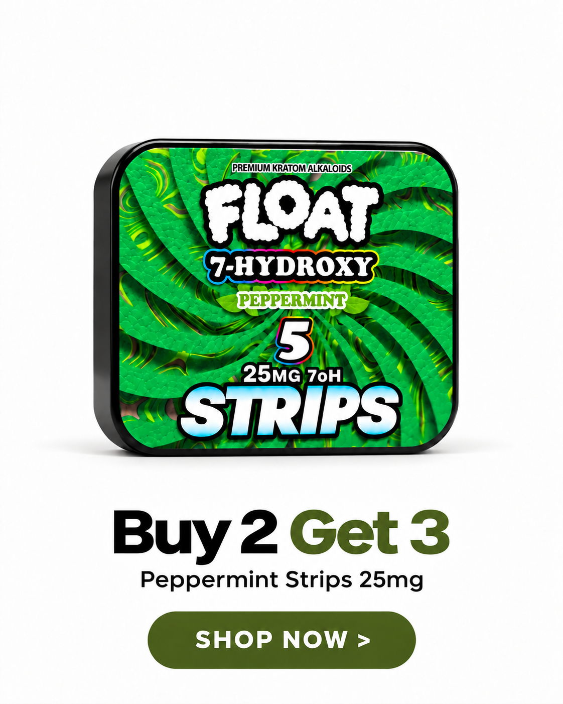 Green packaging for peppermint strips offering a buy two get three promotion.