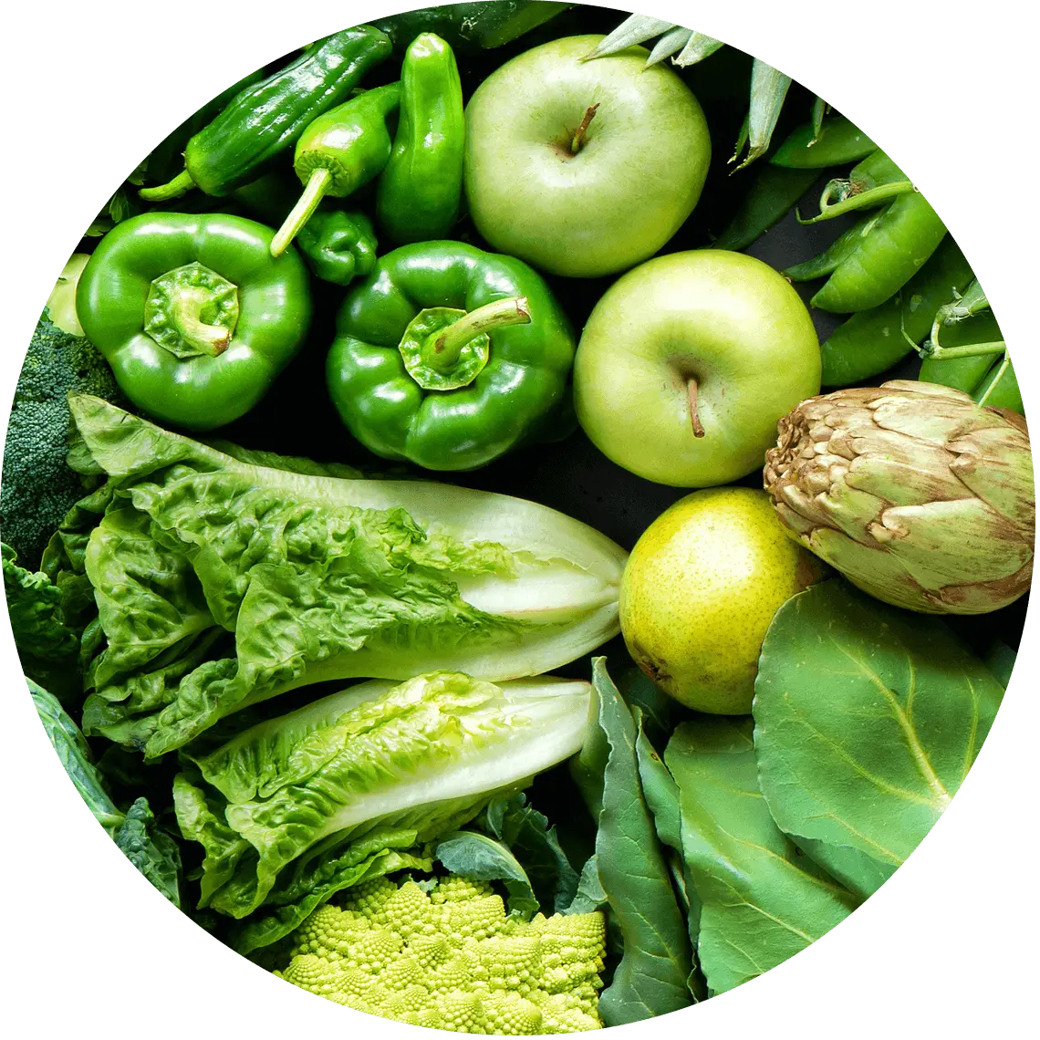 green vegetables and fruits arranged in a circular pattern.