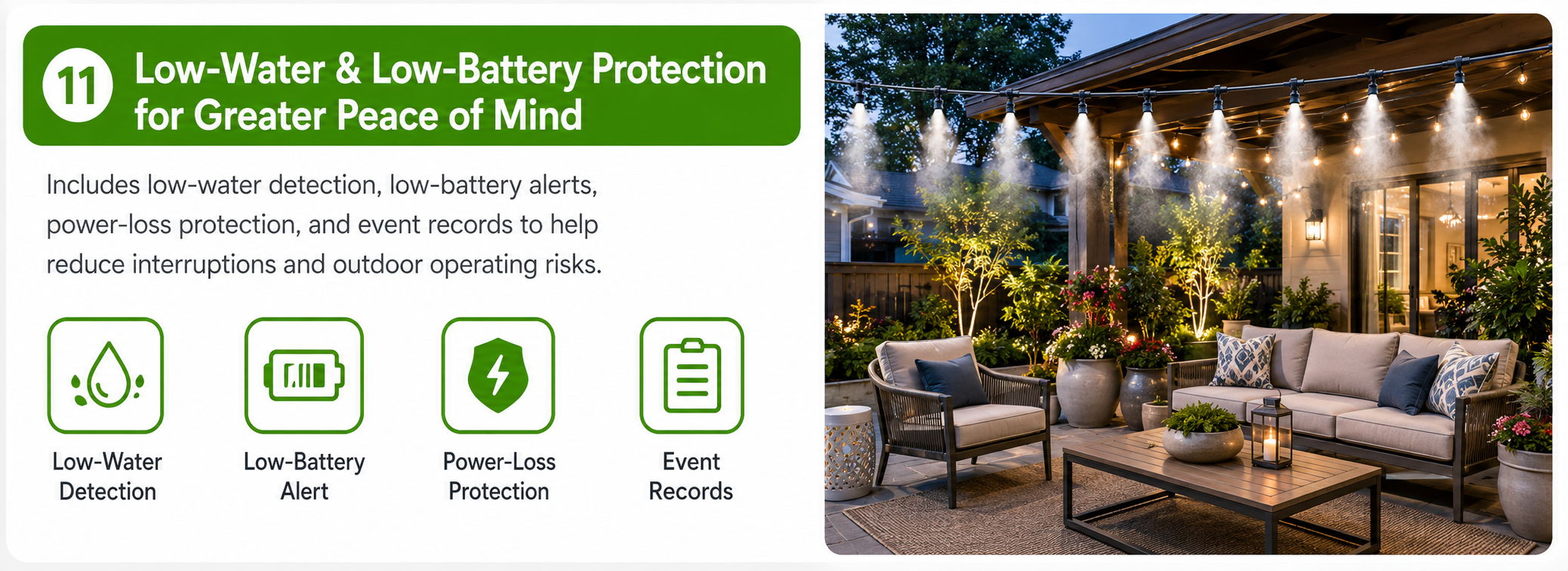 Promotional image for low-water, low-battery protection features in outdoor settings.