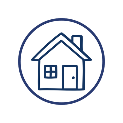 Line drawing of a house inside a circular outline.