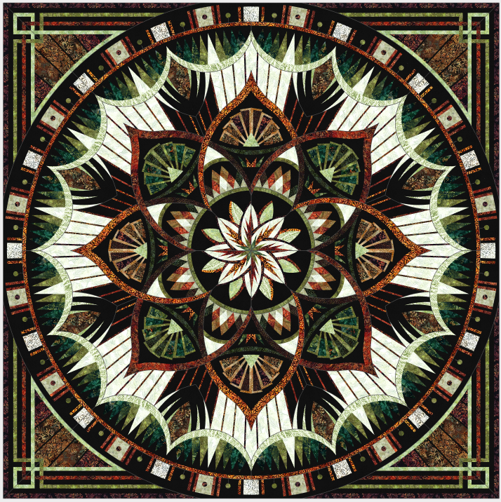 Intricate geometric mandala design with floral patterns in earthy tones.