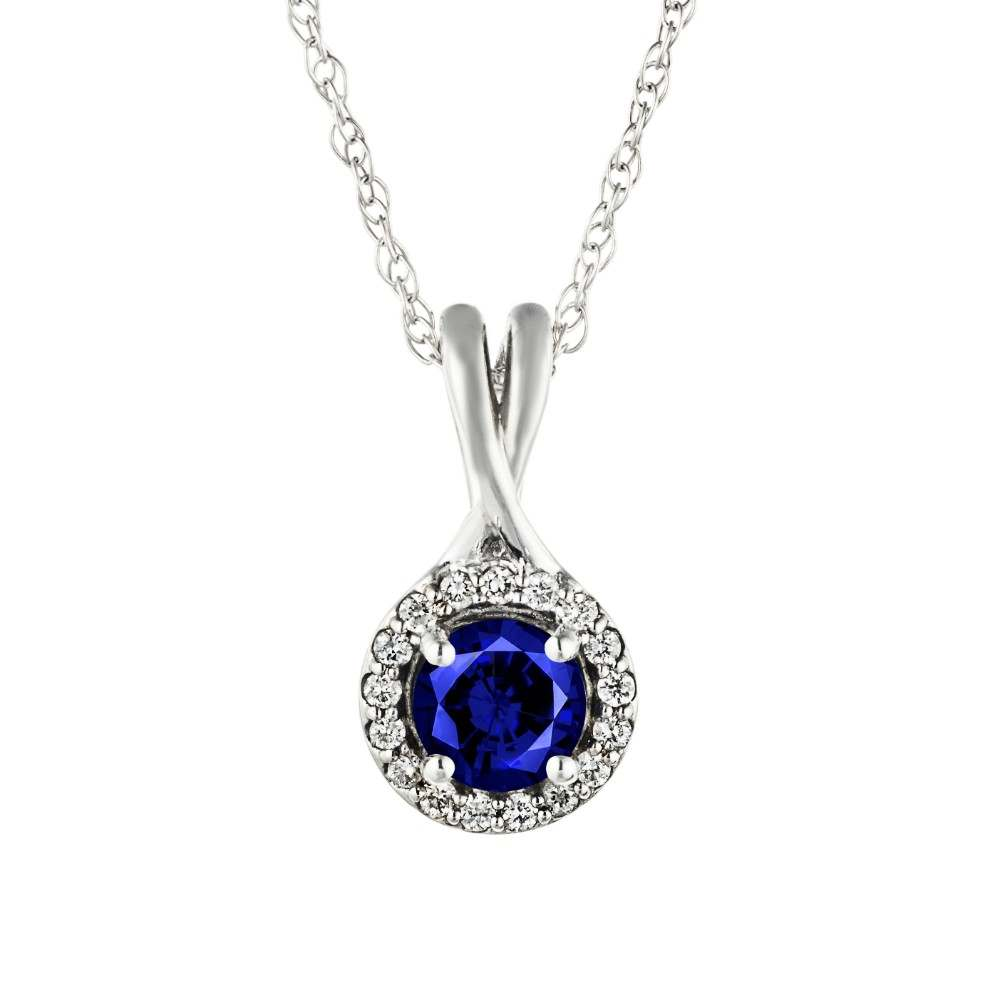 lab grown diamond halo twist pendant with a blue sapphire lab grown gemstone by MiaDonna