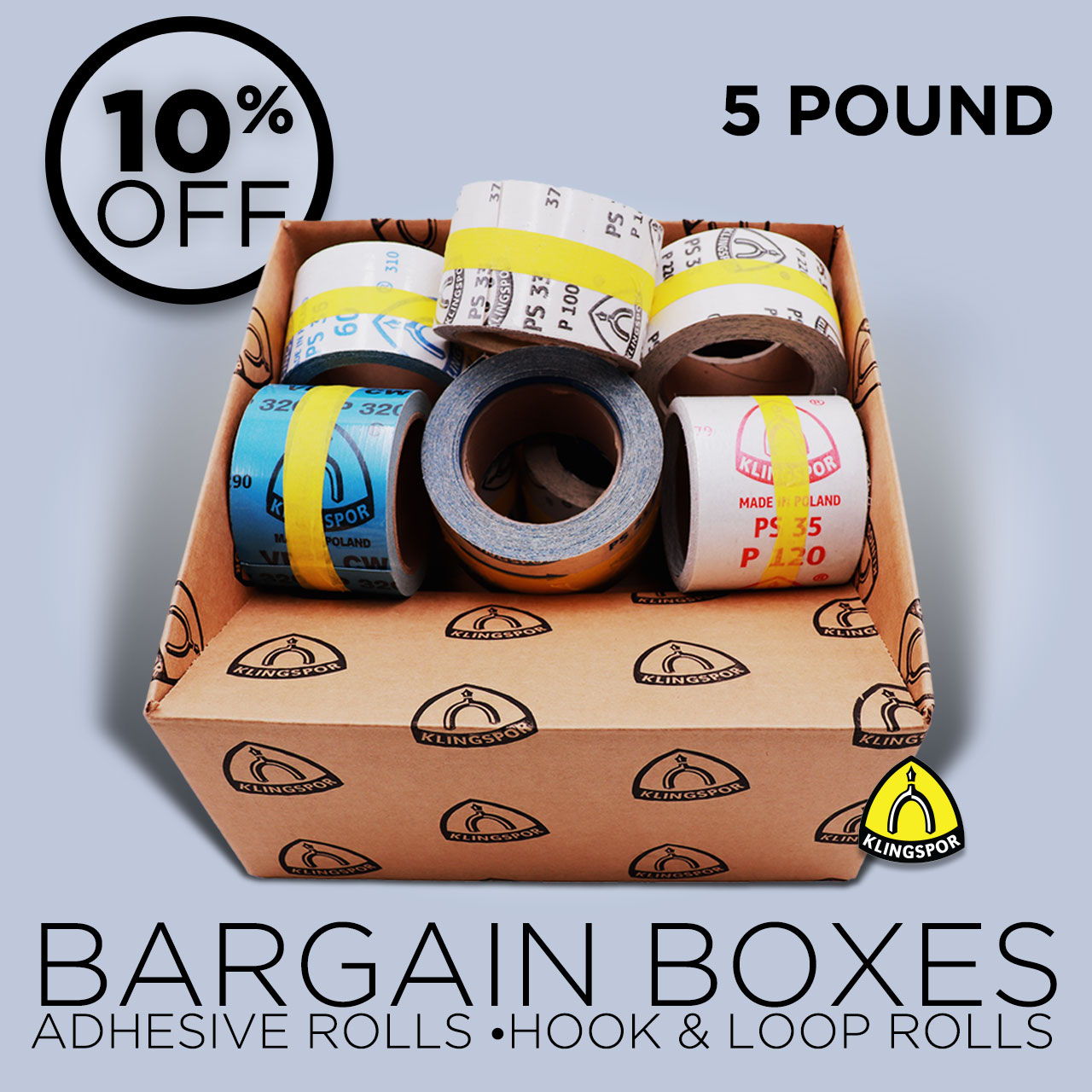 Bargain boxes with adhesive and hook & loop rolls, 10% off.