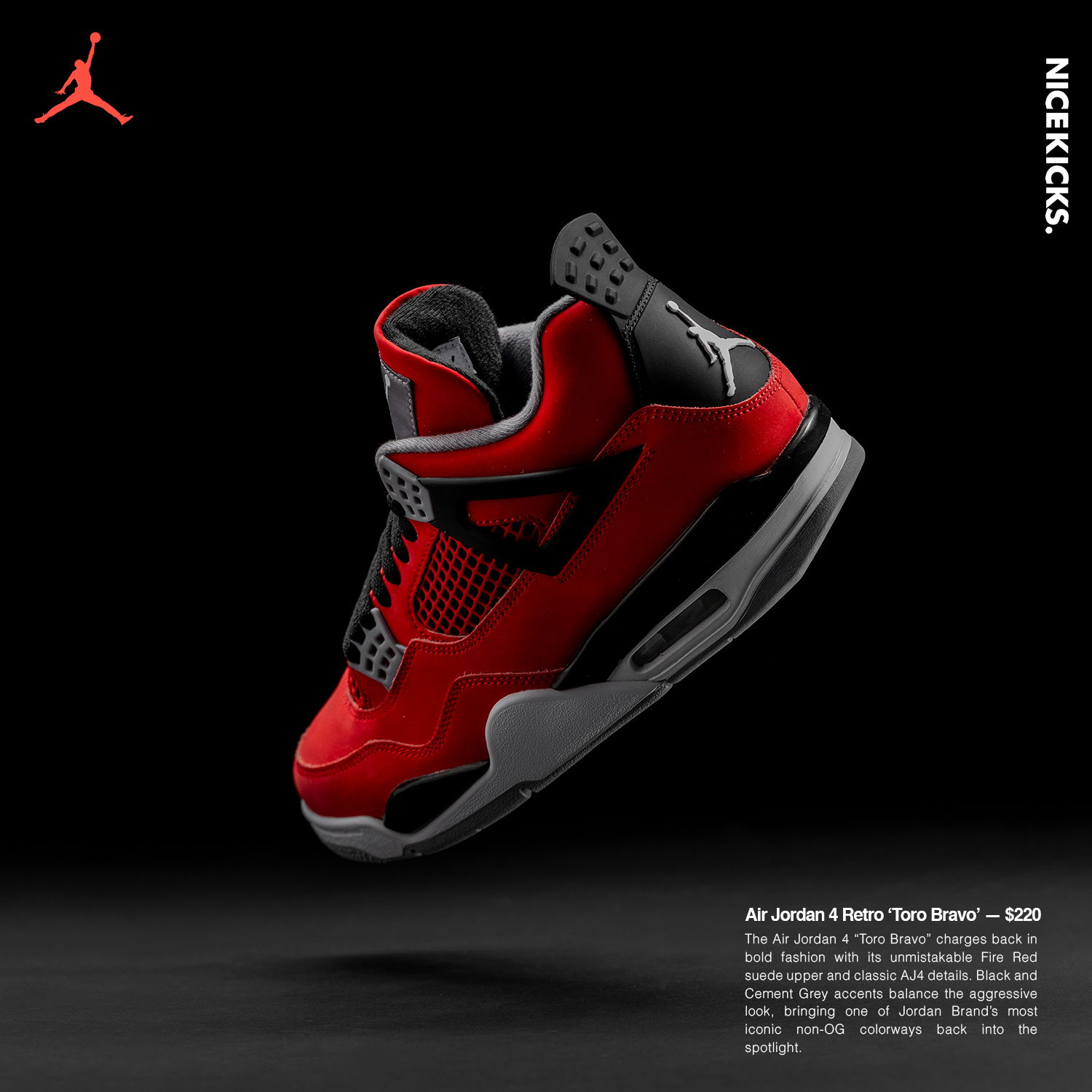 Red and black Air Jordan 4 sneaker on a black background.