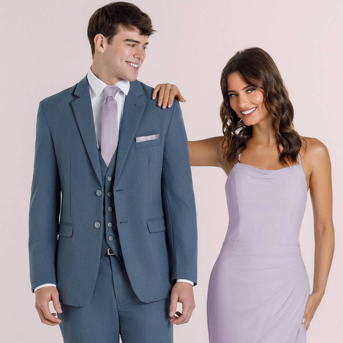 Slate Suit with Wisteria Bridesmaid Dress