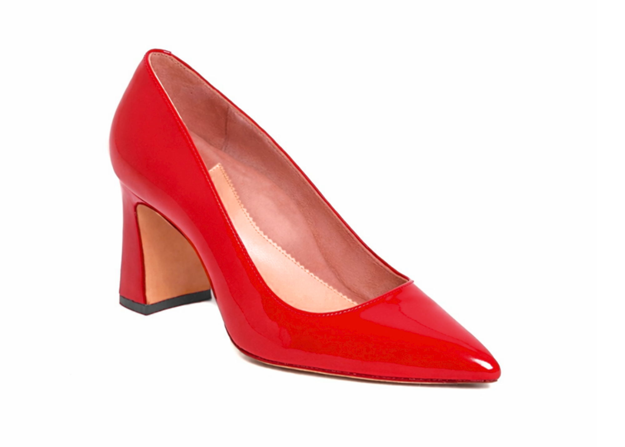 Red high-heeled shoe with a chunky heel.