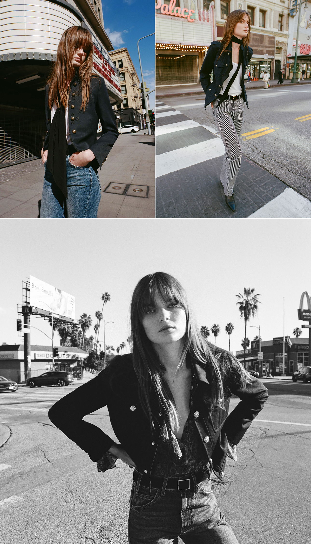 Three fashion photos of a model in urban settings.