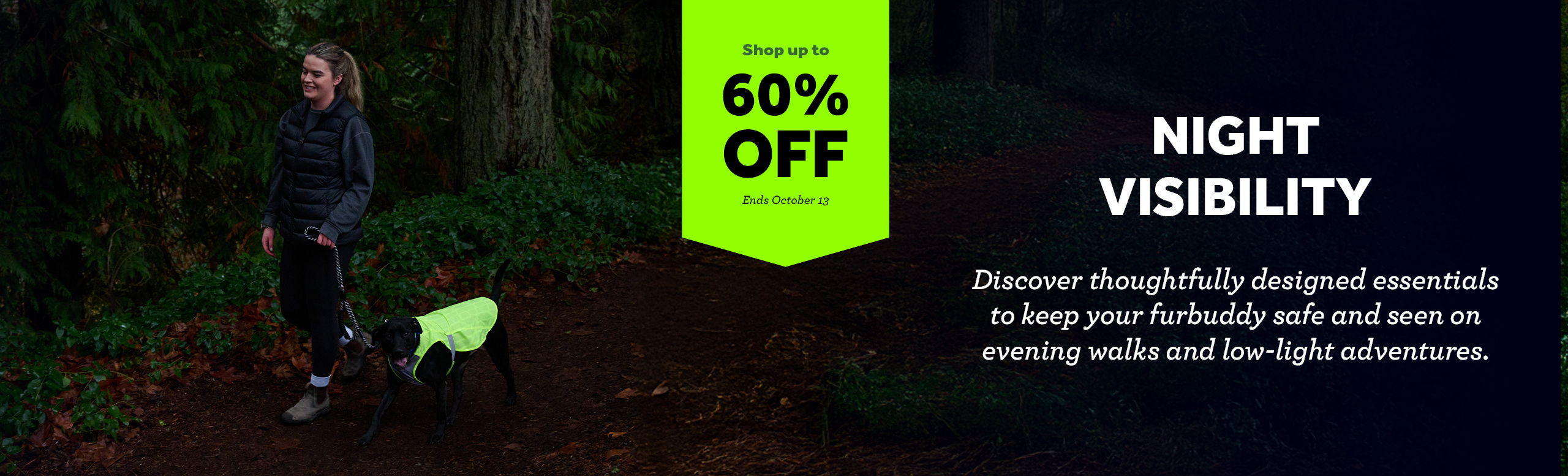 Promotional banner for night visibility products with 60% off.