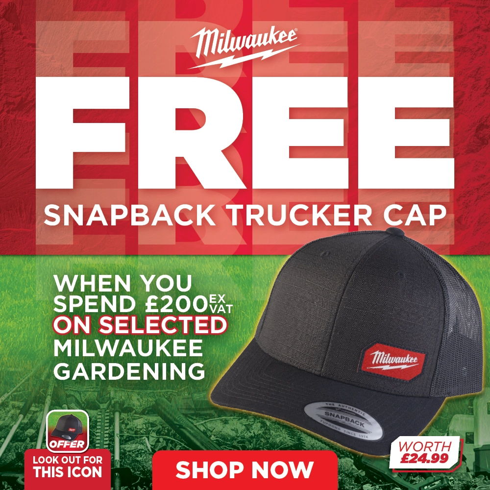 Free Milwaukee snapback trucker cap with £200 gardening purchase. Shop now!