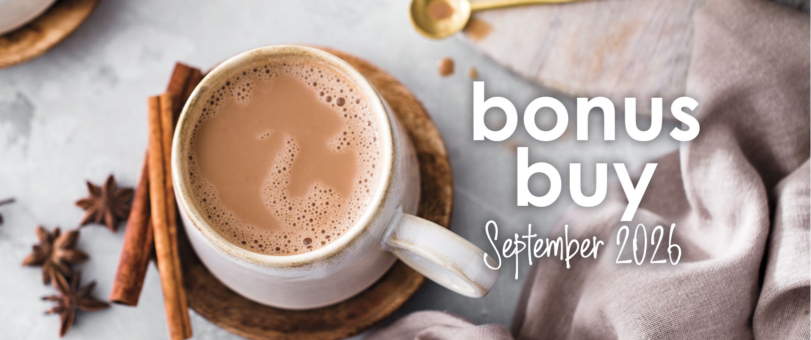 Bonus Buy September 2026 banner featuring Oh My! Chai® Drink Mix prepared in a mug.
