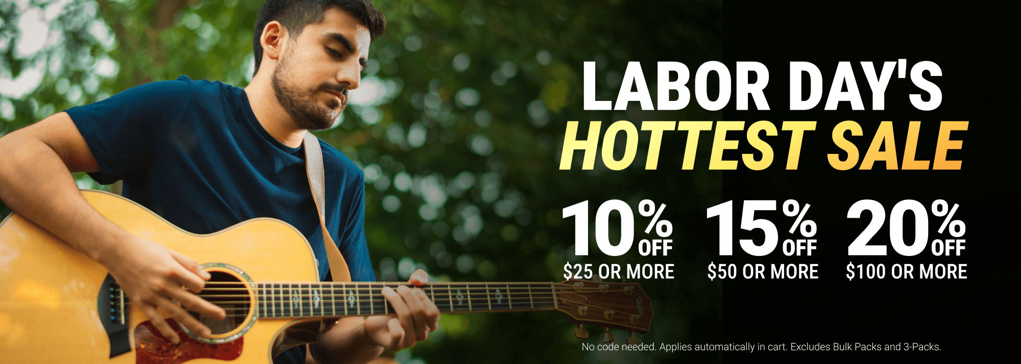 A man playing guitar with text about Labor Day sales and discounts.