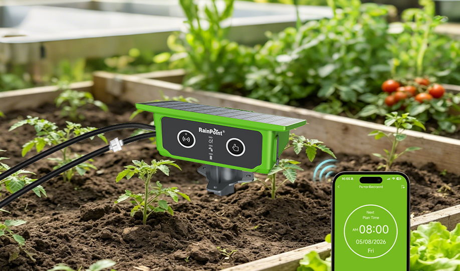 Smart garden device monitoring plants with a smartphone app nearby.