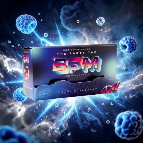 Box of BPM energy product with a vibrant, energetic background.