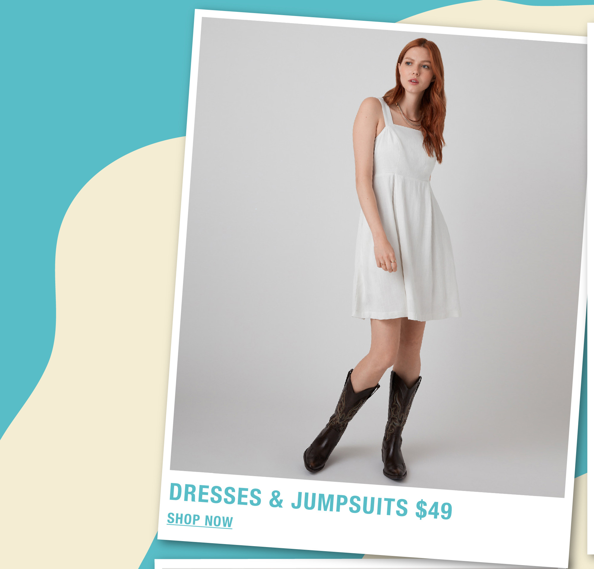 Woman in a white dress and black boots, promoting dresses and jumpsuits.