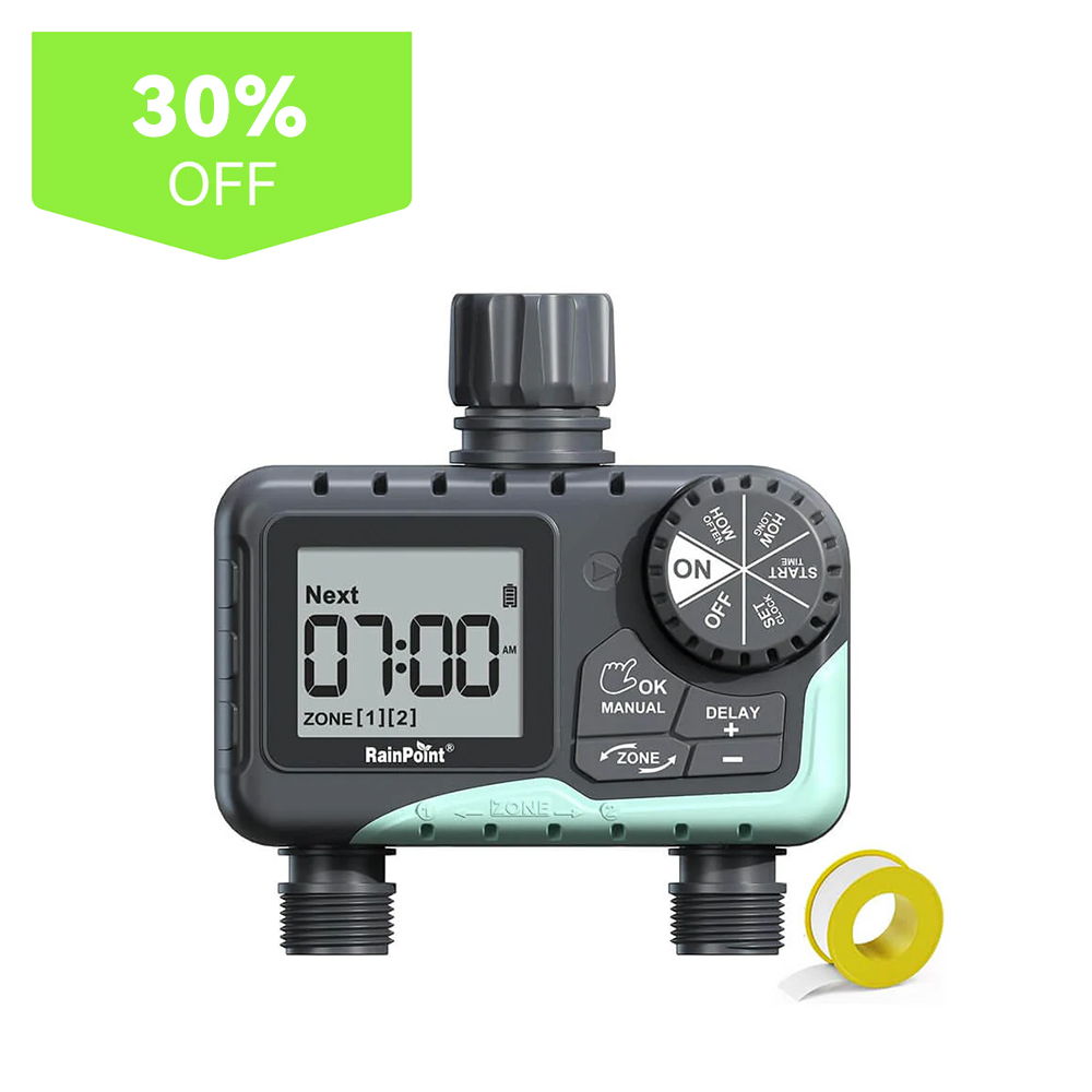 Digital garden timer with display and control dial, marked 30% off.