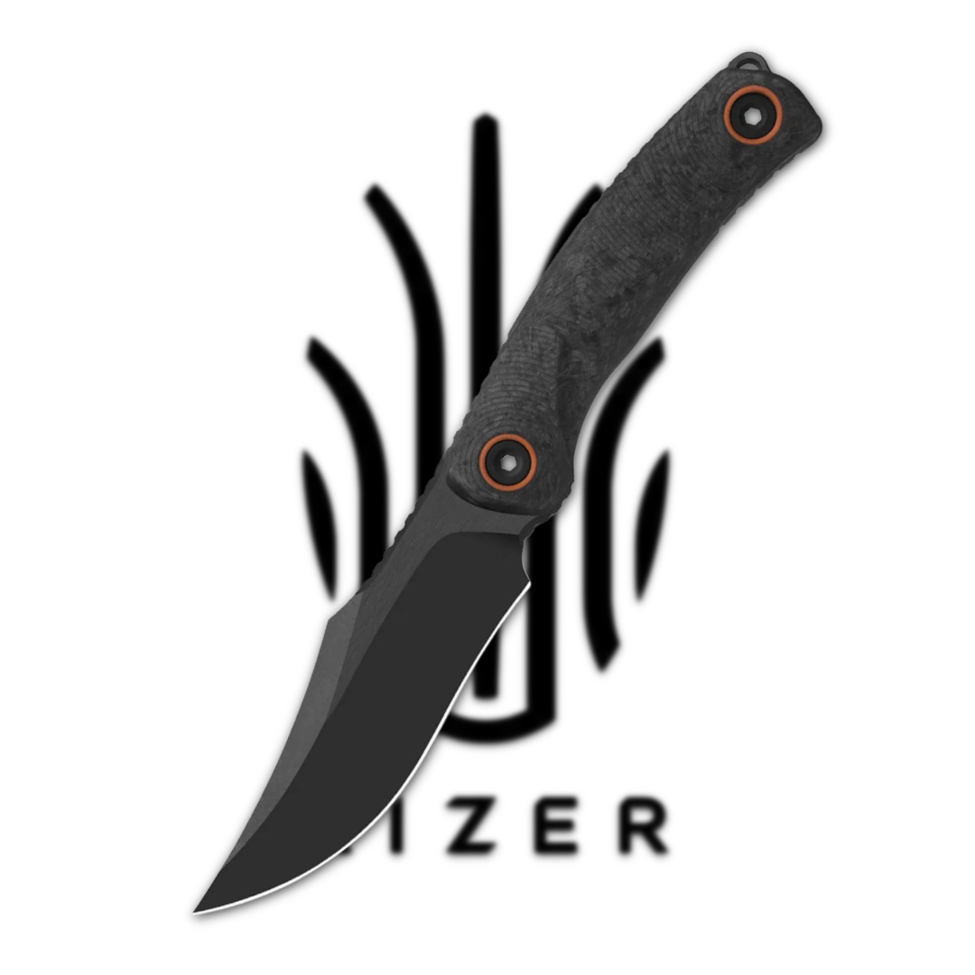 Black folding knife in front of a logo.