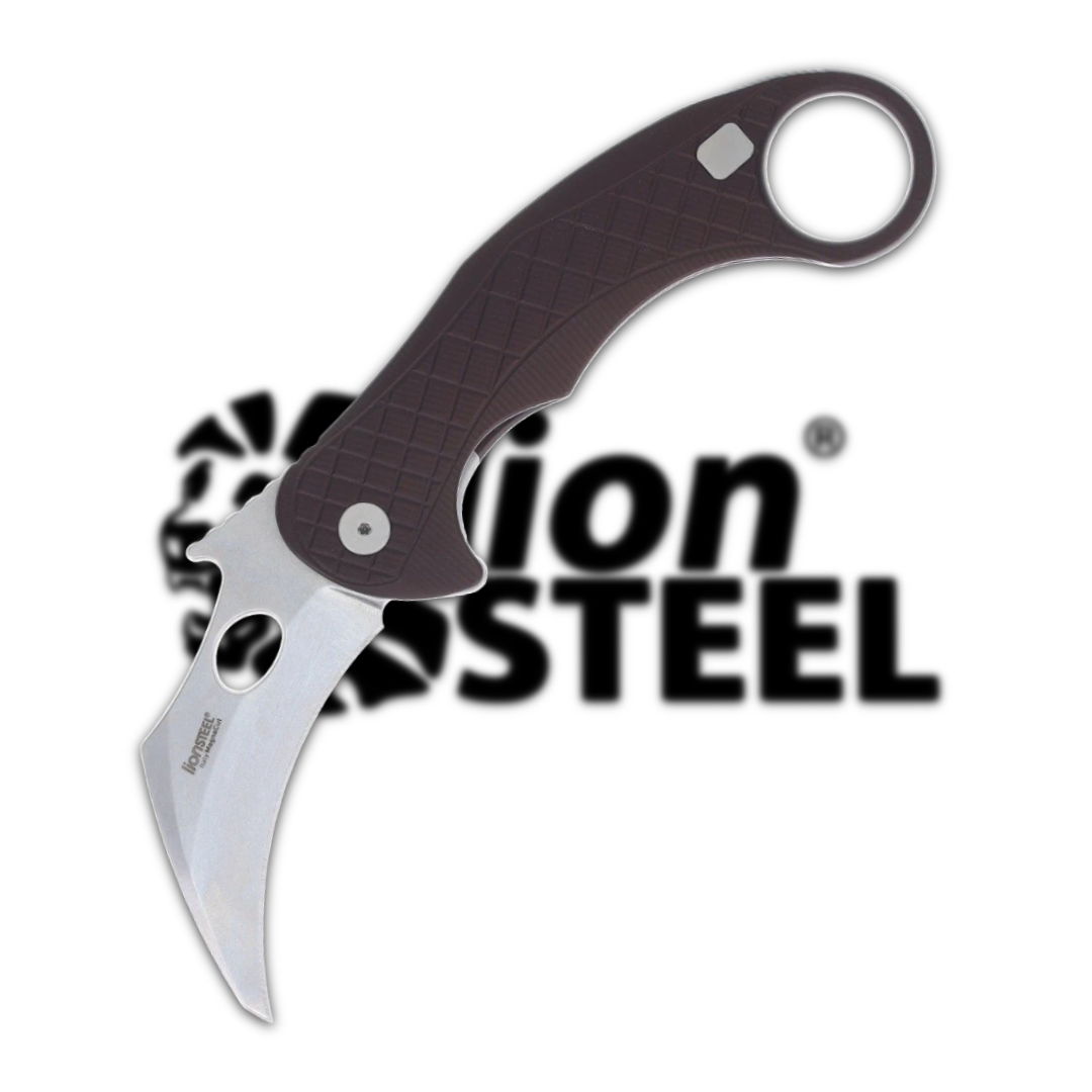Curved knife with a dark handle and logo in background.