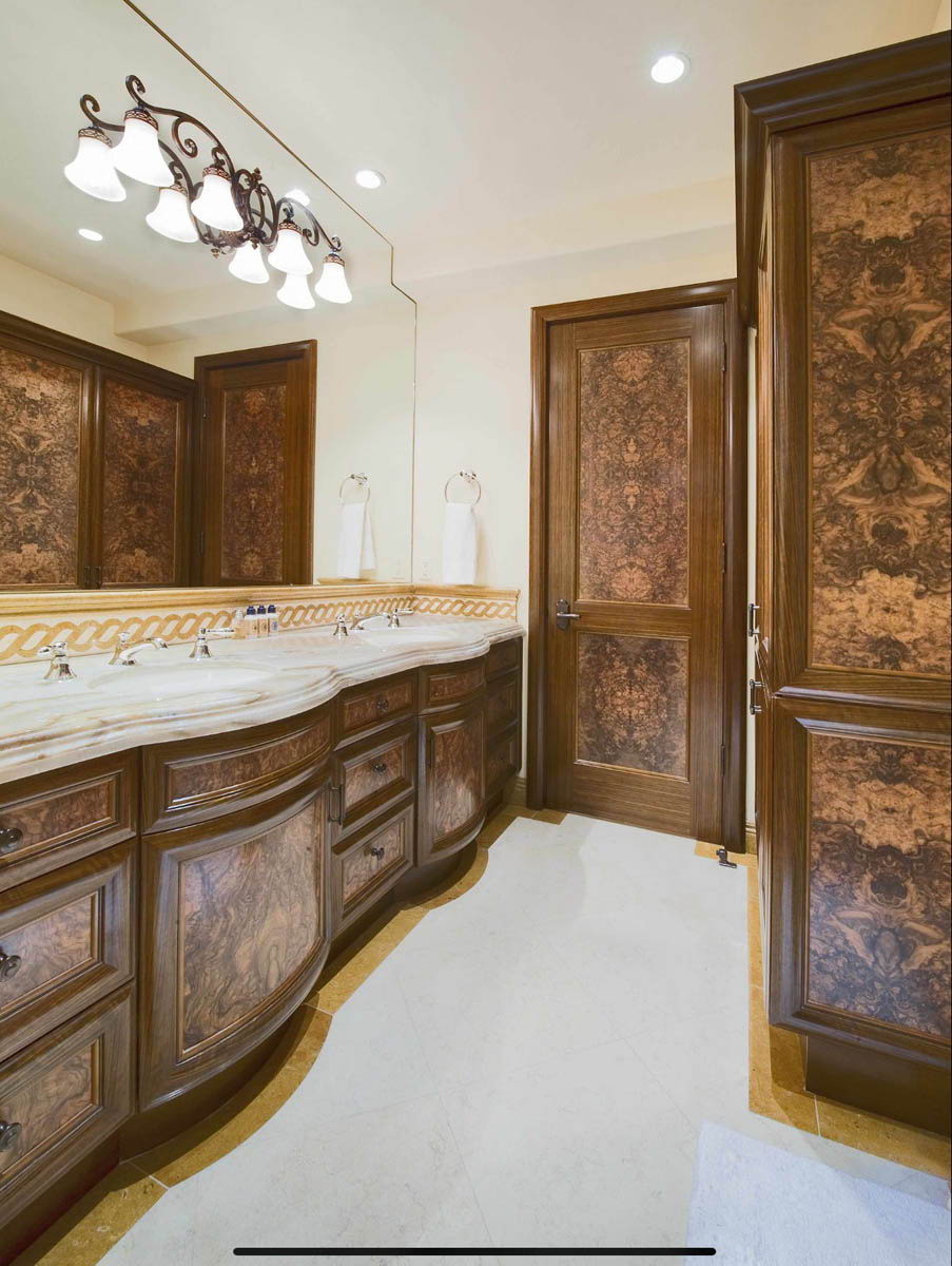 Walnut burl veneer bathroom cabinetry