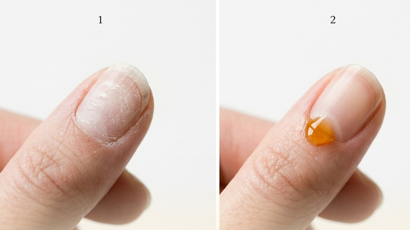 Side-by-side comparison of damaged nail from peeling dip powder versus healthy natural nail after proper acetone removal