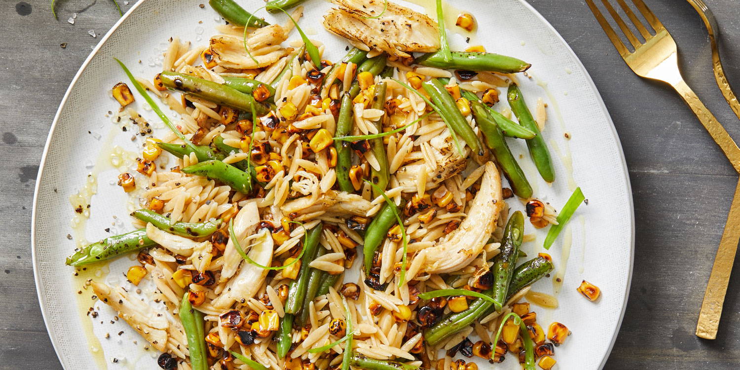 Whole-wheat orzo chicken salad with roasted corn and green beans recipe