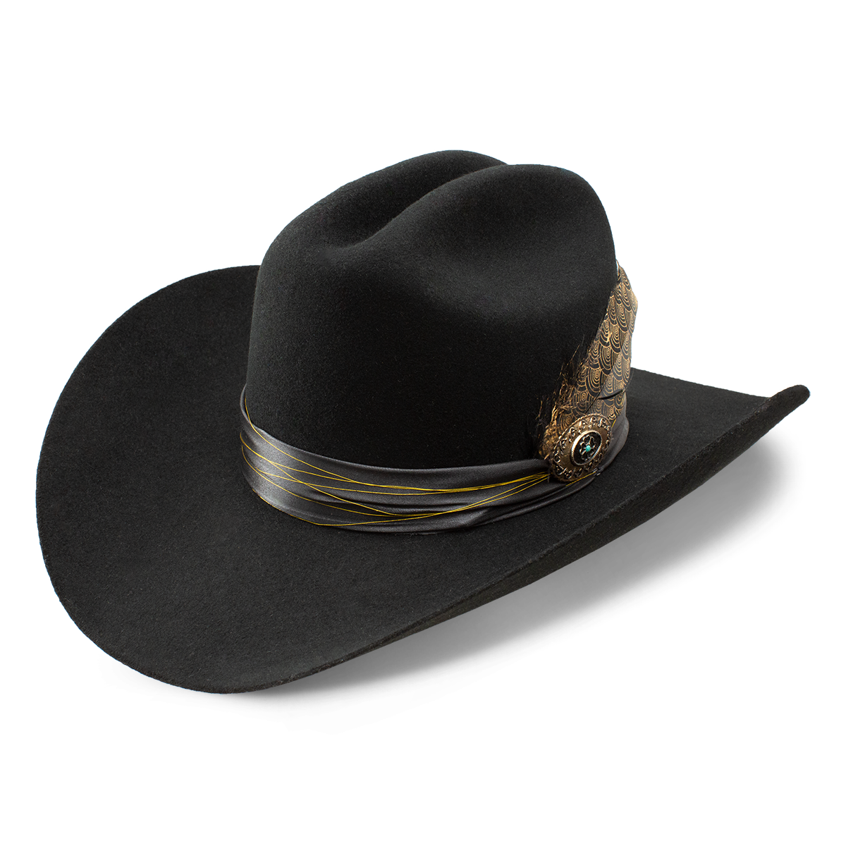 Black cowboy hat with a decorative band and feather.