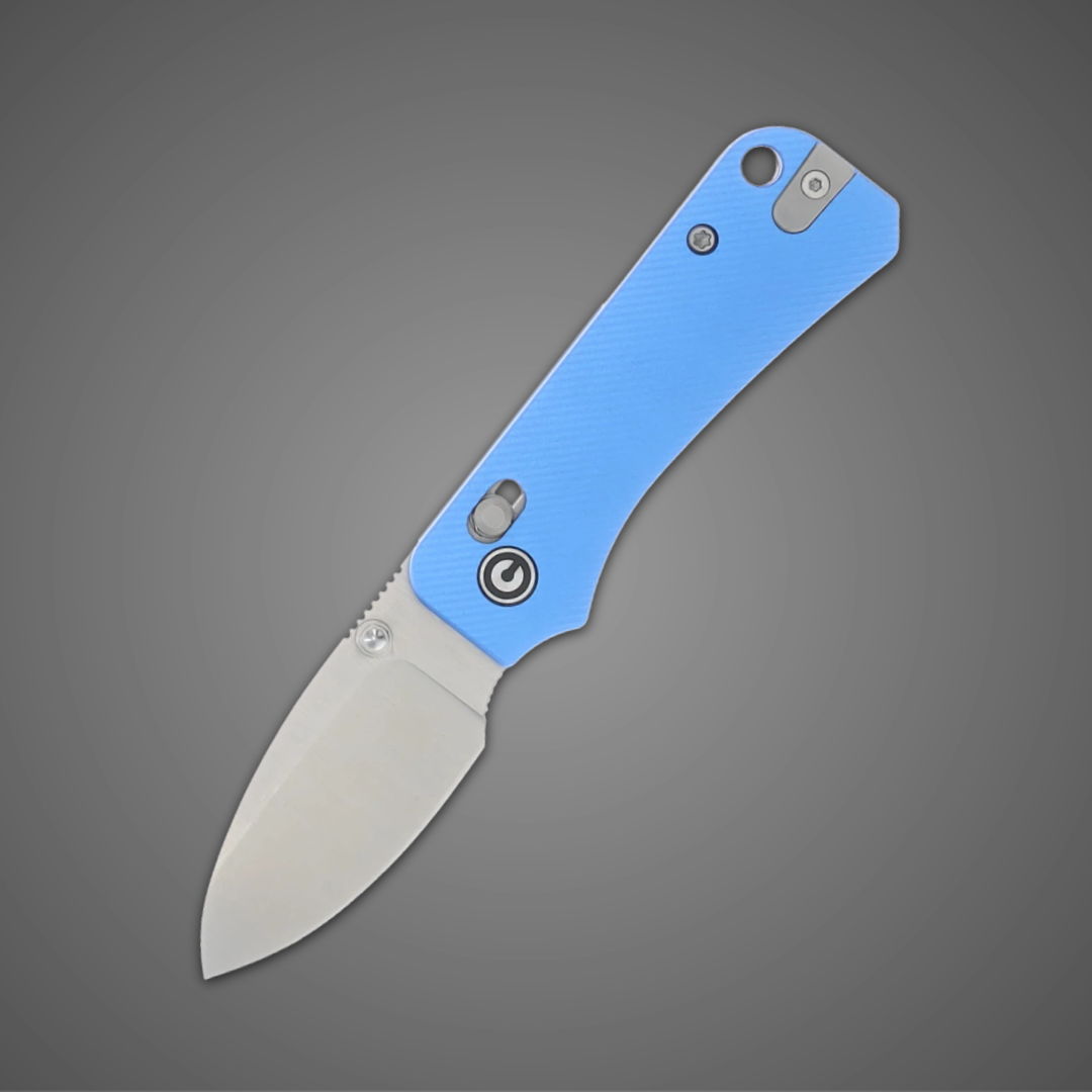 A blue-handled folding knife with a stainless steel blade.