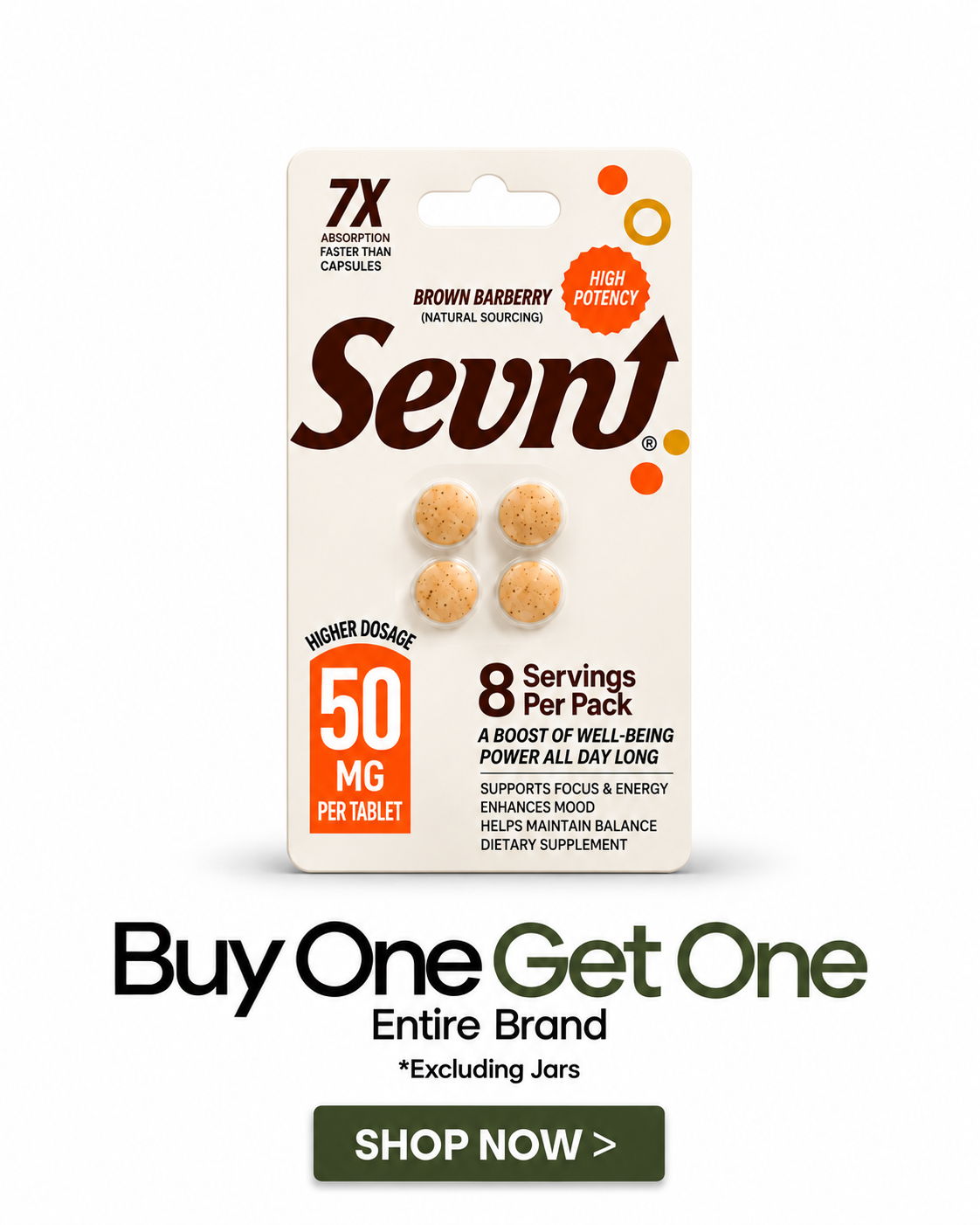 Sevn! supplement packaging with promotional offer text below.
