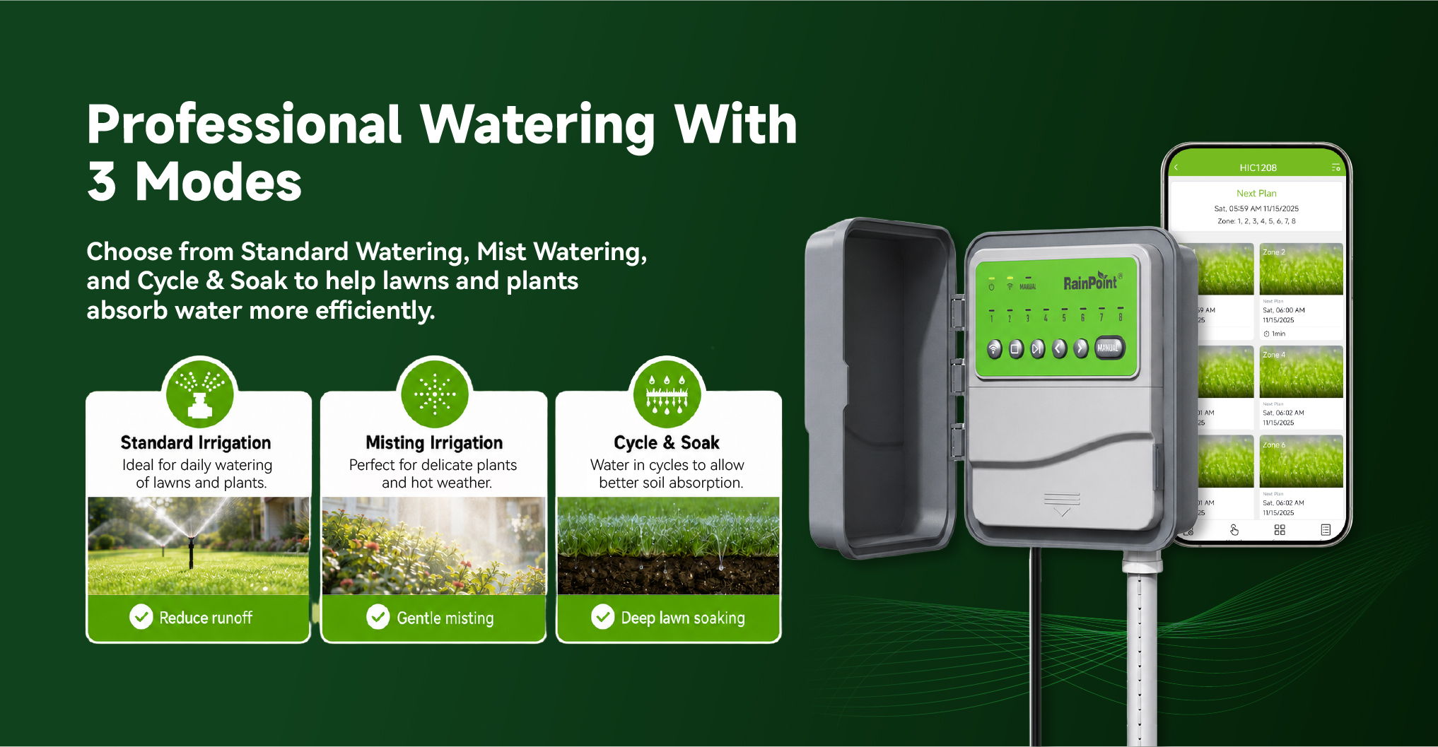 Professional watering system with three modes for efficient garden care.