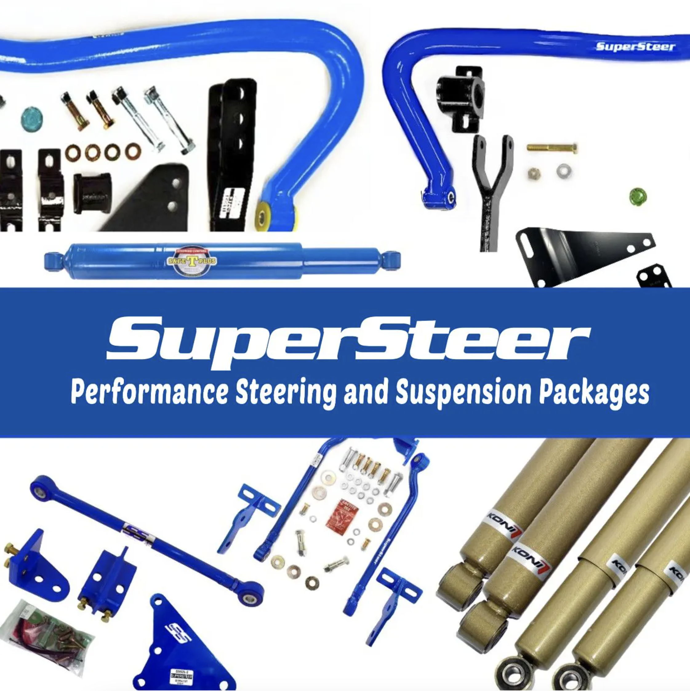SuperSteer performance steering and suspension packages with various components displayed.