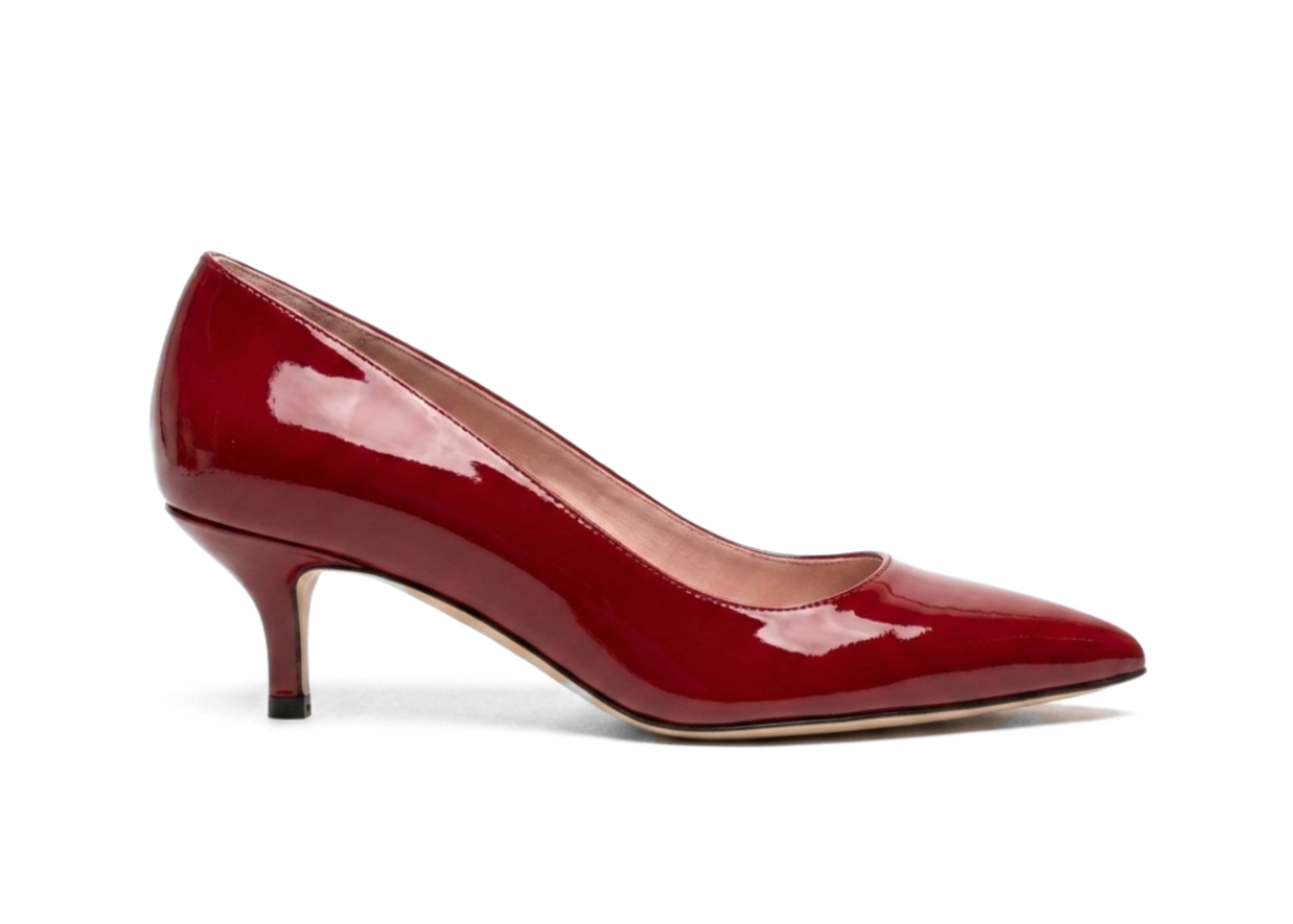 Red patent leather high heel shoe with a pointed toe.