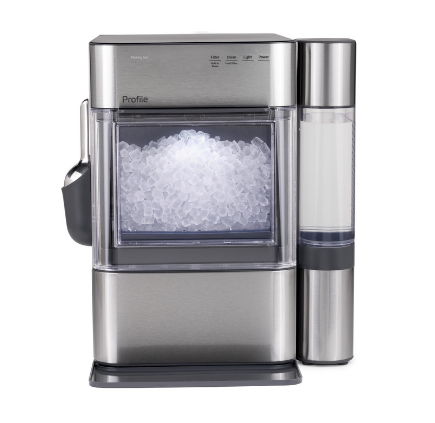 Silver ice maker with a clear bin and side water reservoir.