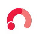 Red and pink abstract logo with a curved shape and a circular element.