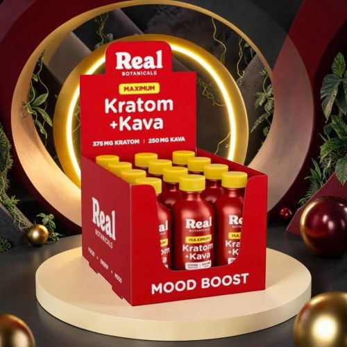 Display of Real brand Kratom + Kava drink bottles for mood boosting.