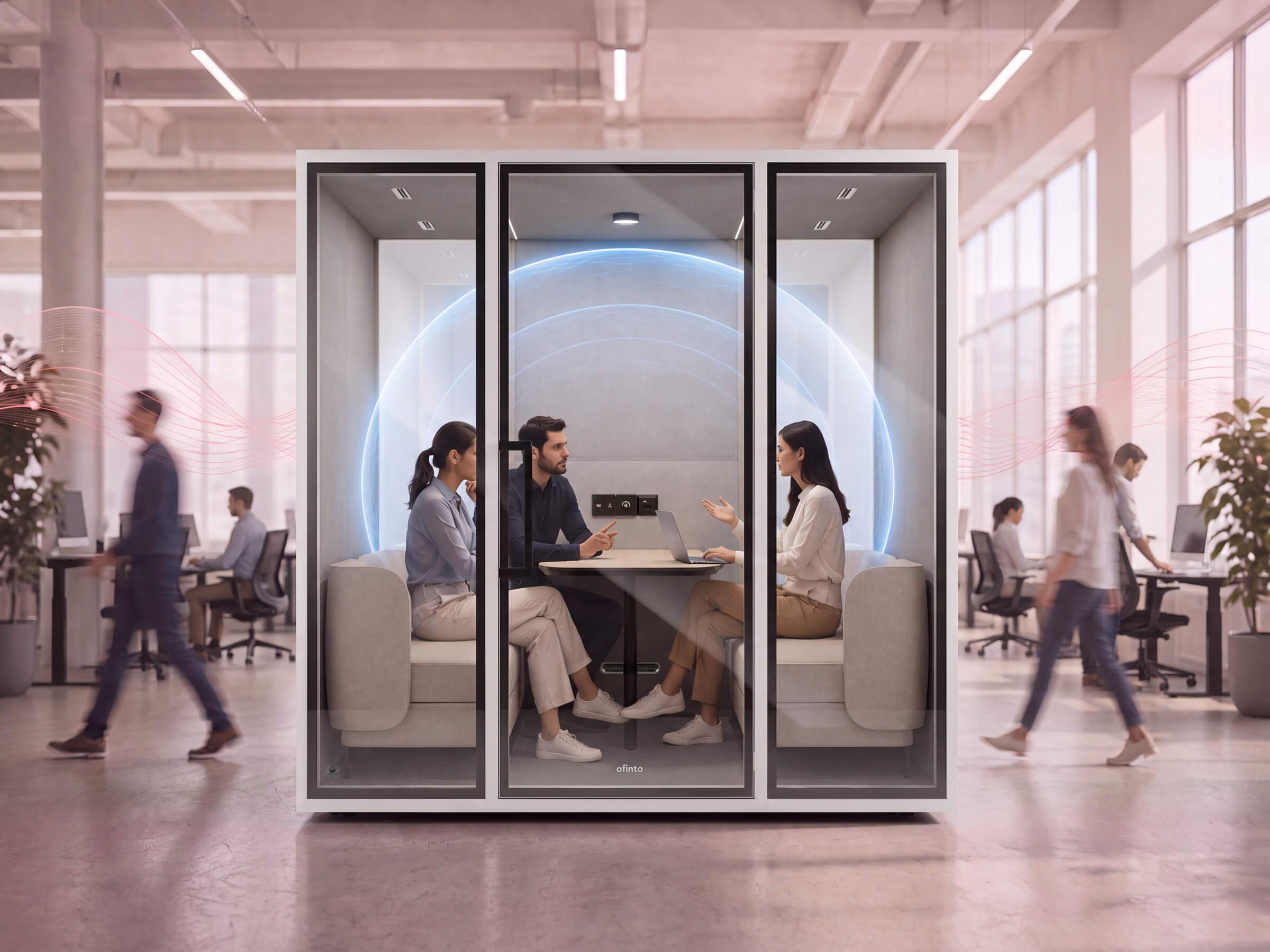 Visualization of soundproofing and acoustic insulation in an ofinto Focus Pod team meeting booth, where three people can work undisturbed in a busy open-plan office.