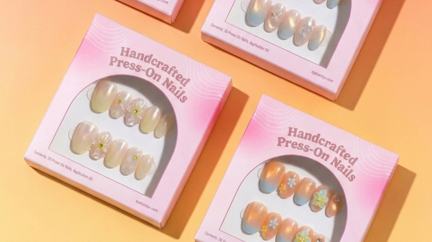 Close-up of handmade press-on nails with hand-painted floral nail art detail