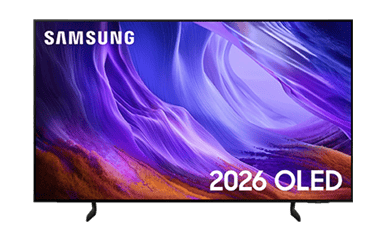 Samsung 2026 OLED TV displaying vibrant purple and orange abstract visuals.