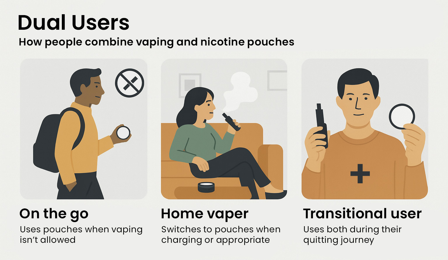 Illustration depicting dual users of vaping and nicotine pouches in different settings.