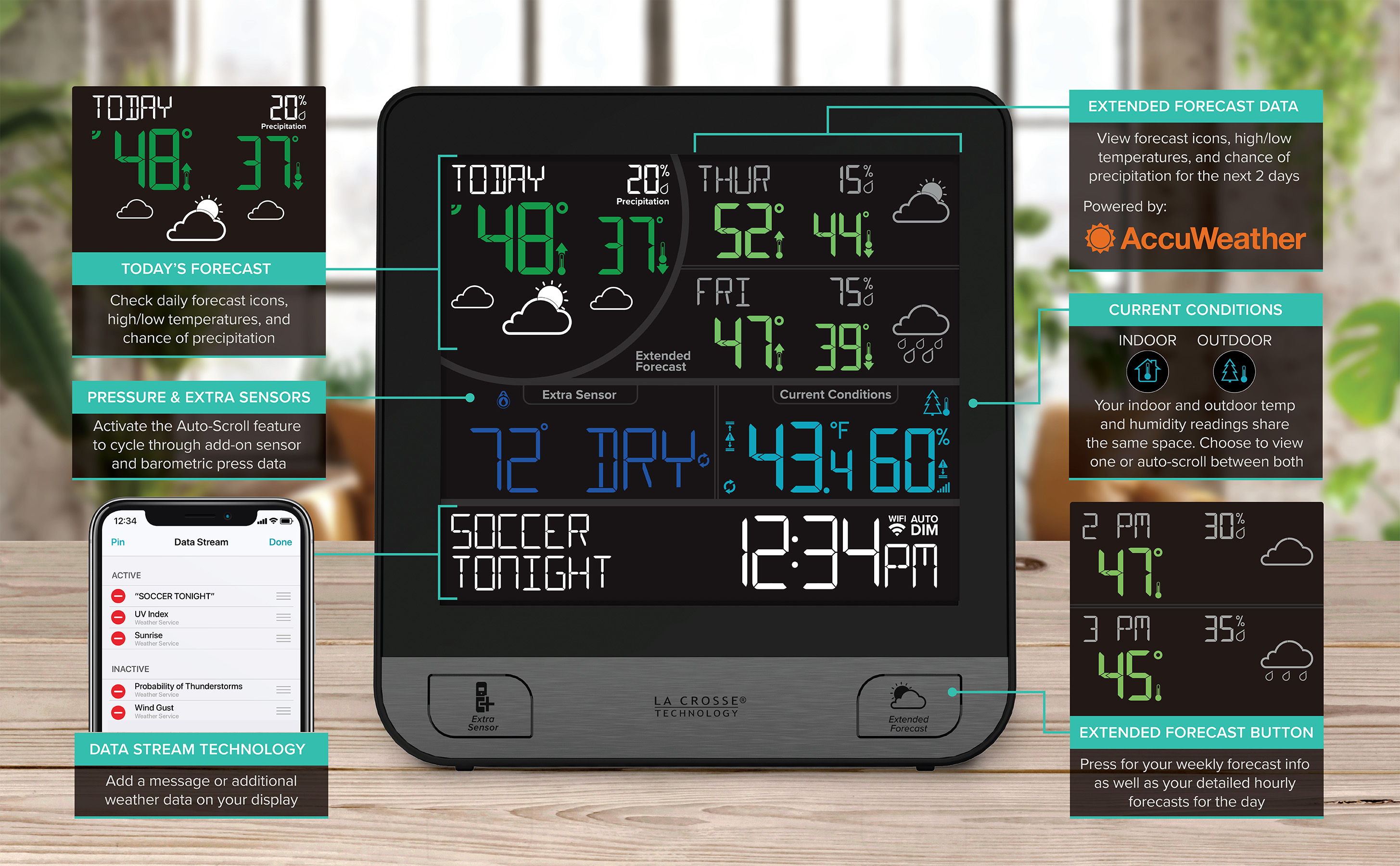 Digital weather station display with feature details on forecast, extra sensors, data streams, indoor and outdoor conditions, and more.