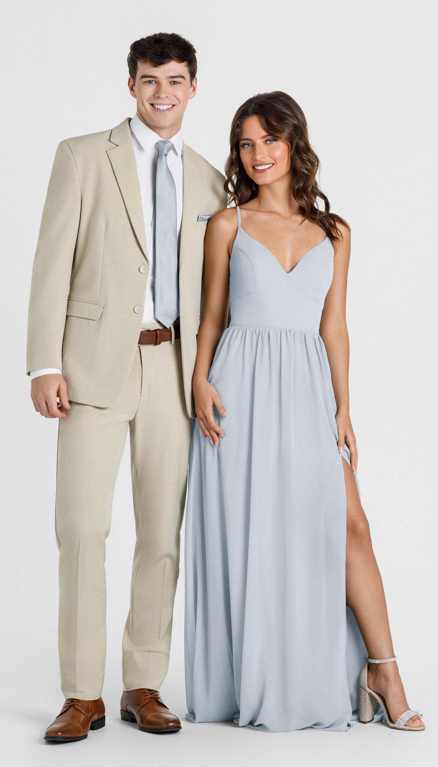 Tan Suit with Fog Bridesmaid Dress